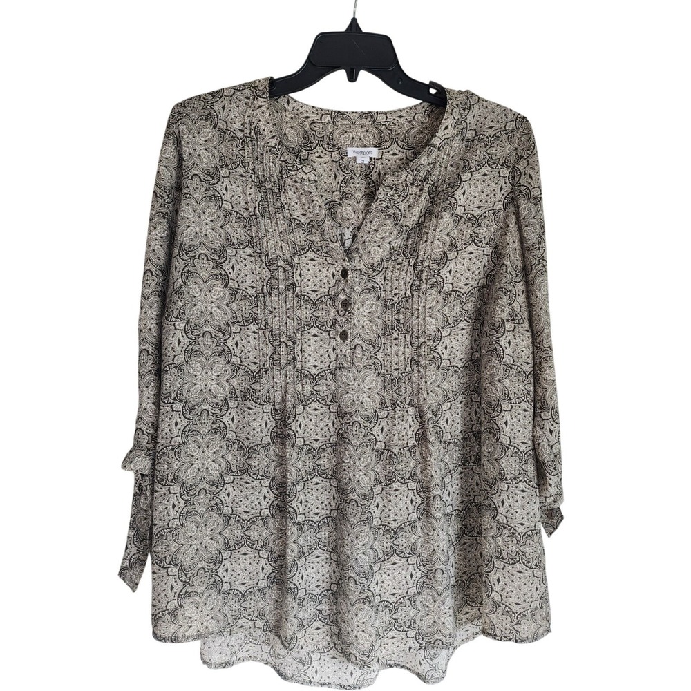 Westport Green Tan Paisley Pintuck Tie Sleeve V-Neck Blouse Top Womens Plus 2X